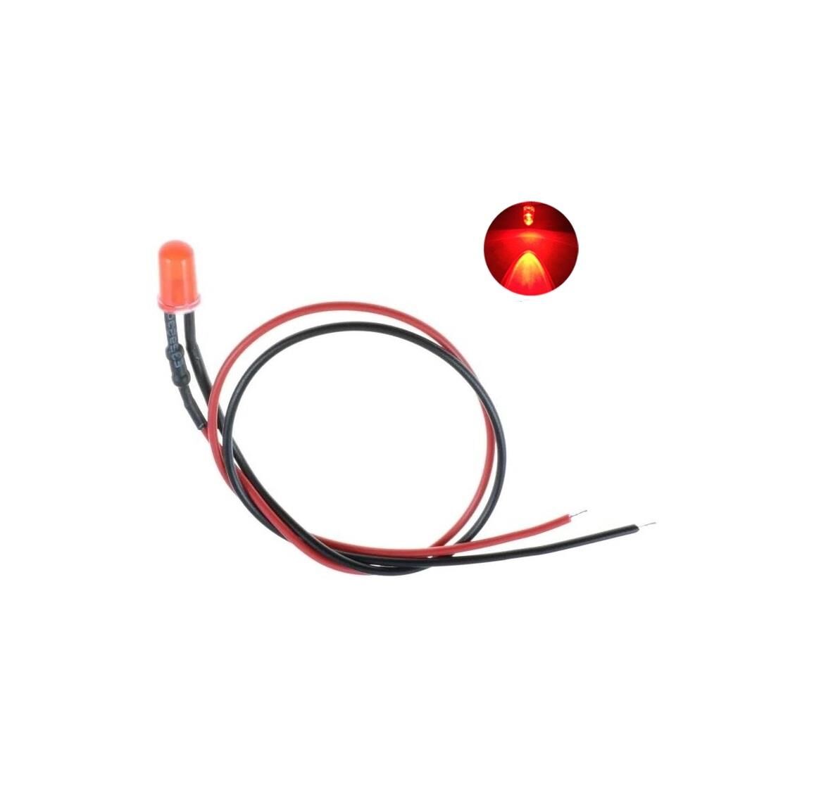 12V LED Kablolu 5 Adet 5mm Kırmızı Difused - 20 Cm