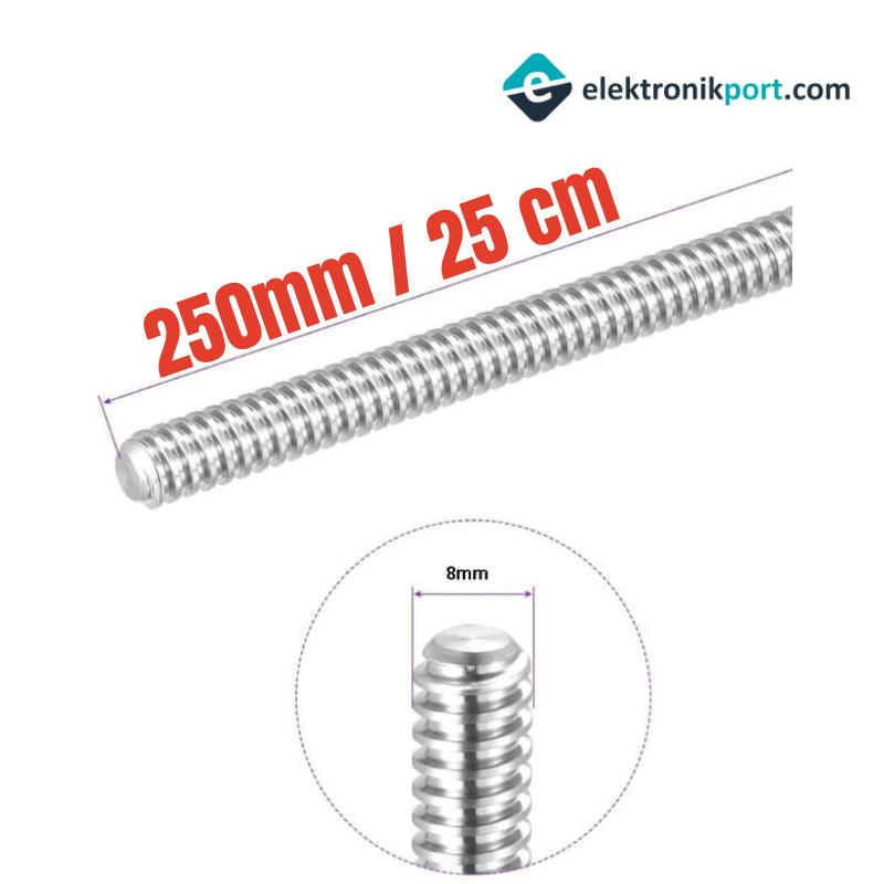 T8 8mm x 250mm - 25cm 3D Yazıcı Trapez Vidalı Mil (Somunsuz)