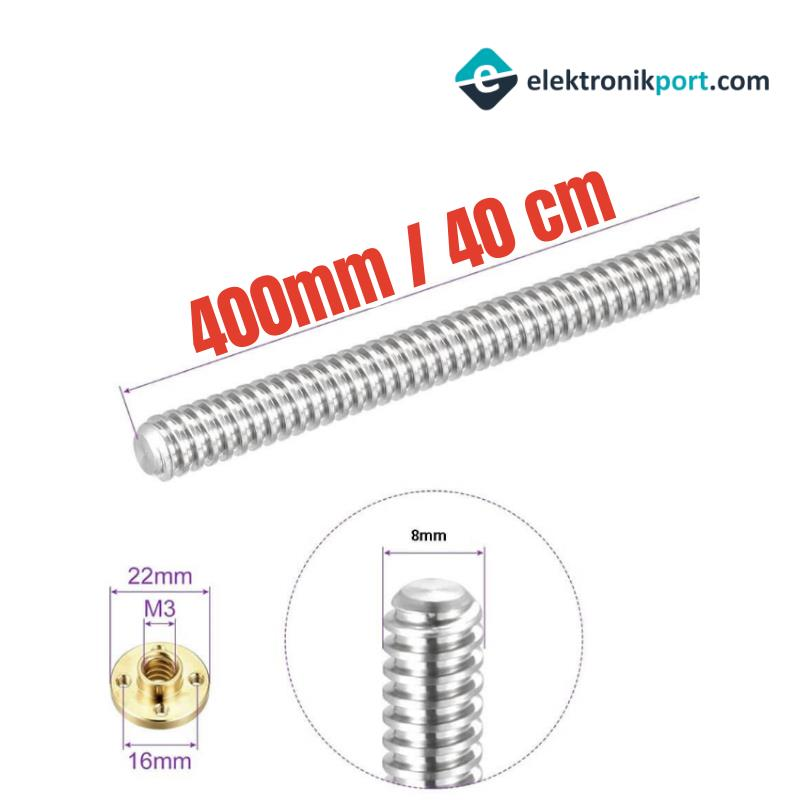 T8 8mm x 400mm - 40cm 3D Yazıcı Trapez Vidalı Mil ve Somun Seti