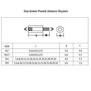 20mm Dişi-Erkek Plastik Distans Vida Boyu 6mm M2.5