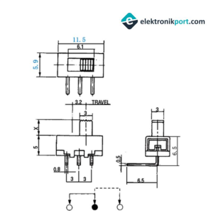 3 Pin On-Off Sürgülü Anahtar - Slide Switch 90 Derece 500mA 50V