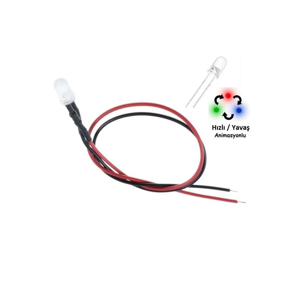 12V LED Slow RGB Animasyonlu 5 Adet Kablolu - 20 Cm