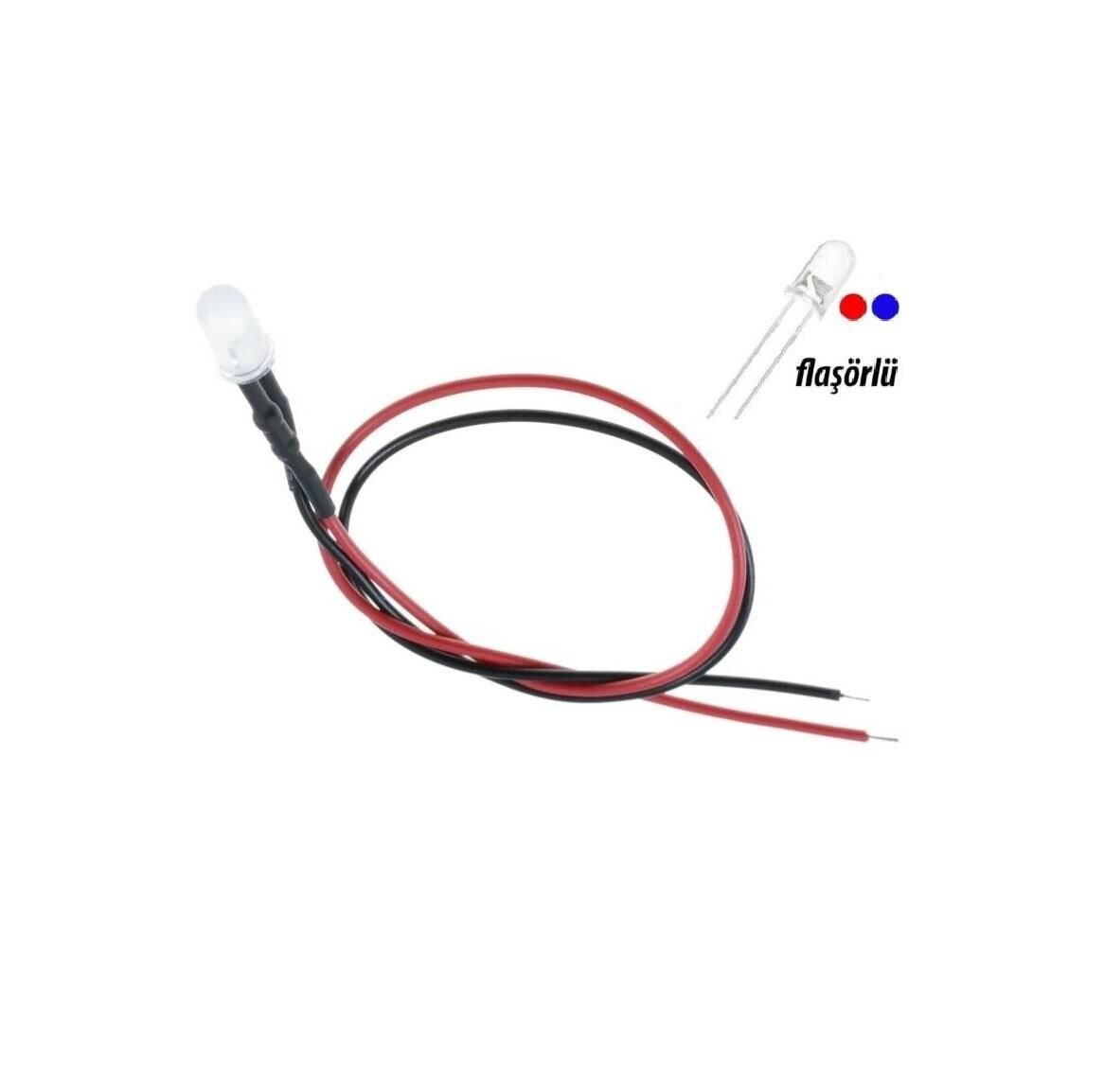 12V LED Kırmızı Mavi Flaşörlü 5 Adet Kablolu - 20 Cm