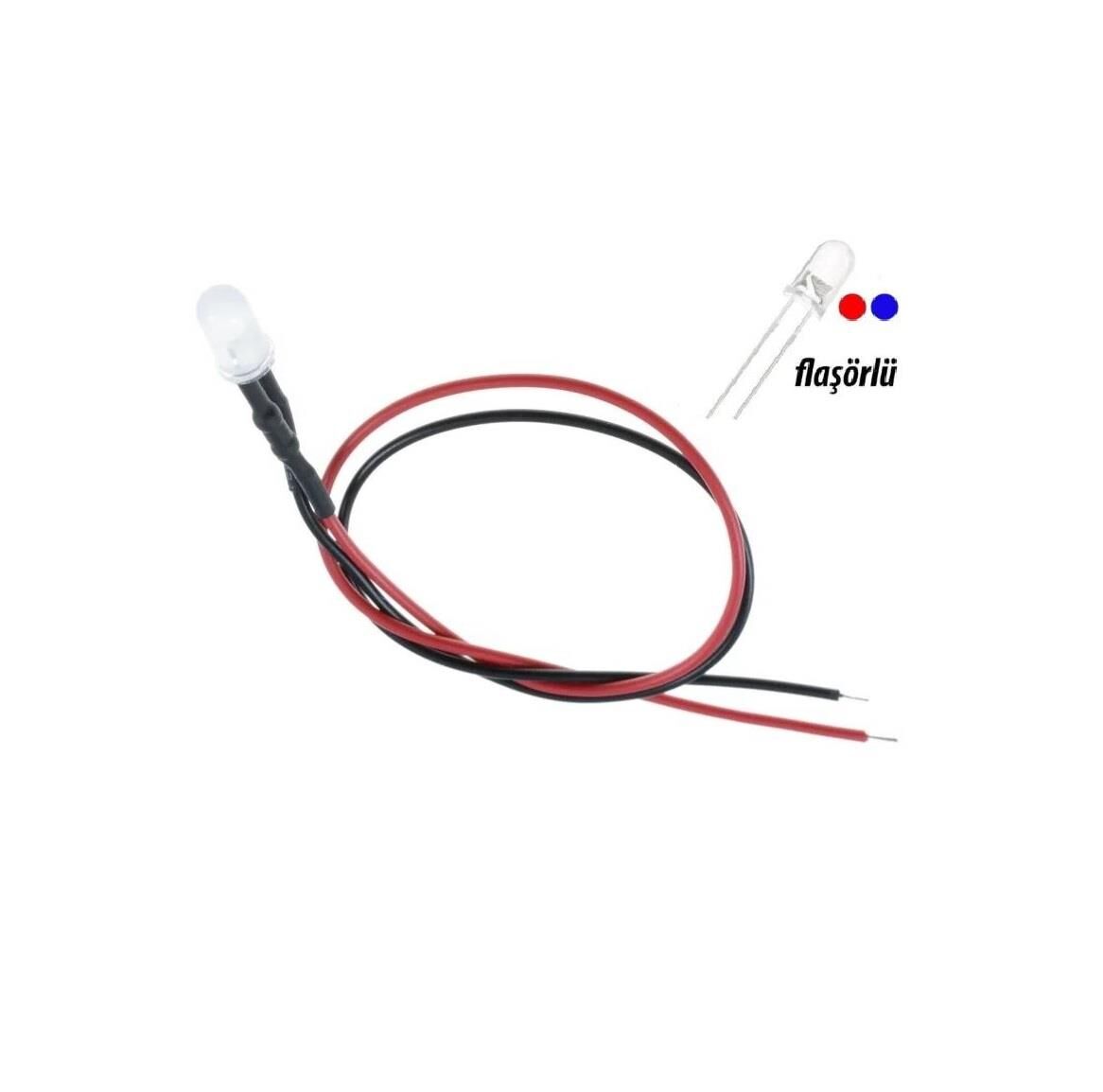 12V LED Kırmızı Mavi Flaşörlü 5 Adet Kablolu - 20 Cm