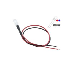 12V LED Kırmızı Mavi Flaşörlü 5 Adet Kablolu - 20 Cm