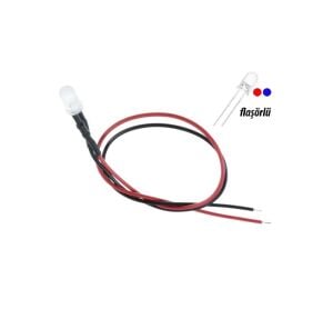 12V LED Kırmızı Mavi Flaşörlü 5 Adet Kablolu - 20 Cm
