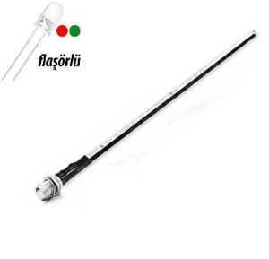 12V LED Kırmızı Yeşil Flaşörlü Şase Tip Mercekli Kablolu 1 Adet- 20 Cm