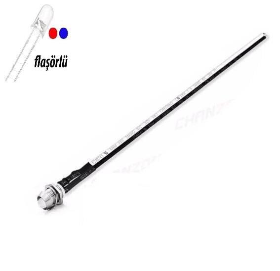 12V LED Kırmızı Mavi Flaşörlü Şase Tip Mercekli Kablolu 1 Adet- 20 Cm