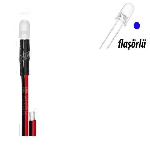 12V LED Mavi Flaşörlü Şase Tip Mercekli Kablolu 1 Adet- 20 Cm