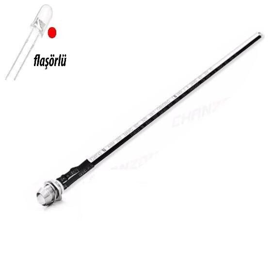 12V LED Kırmızı Flaşörlü Şase Tip Mercekli Kablolu 1 Adet- 20 Cm