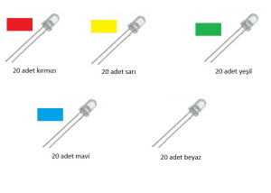 Led Şeffaf 5mm 5x20 Kırmızı-Sarı-Mavi-Beyaz-Yeşil (100 Adet)