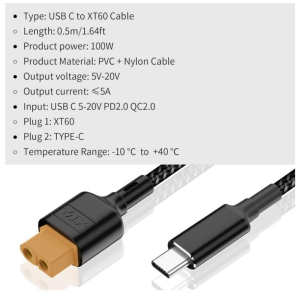 USB-C'den XT60 Dönüştürücü Şarj Kablosu Power Kablosu 1 Metre