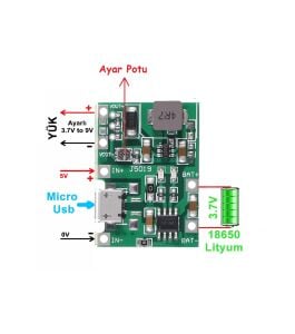 TP4056 2A Lipo - Li Ion Micro USB Pil Şarj Devresi + Voltaj Yükseltici Devre kartı