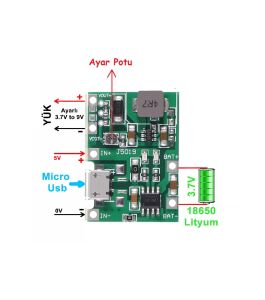 TP4056 2A Lipo - Li Ion Micro USB Pil Şarj Devresi + Voltaj Yükseltici Devre kartı