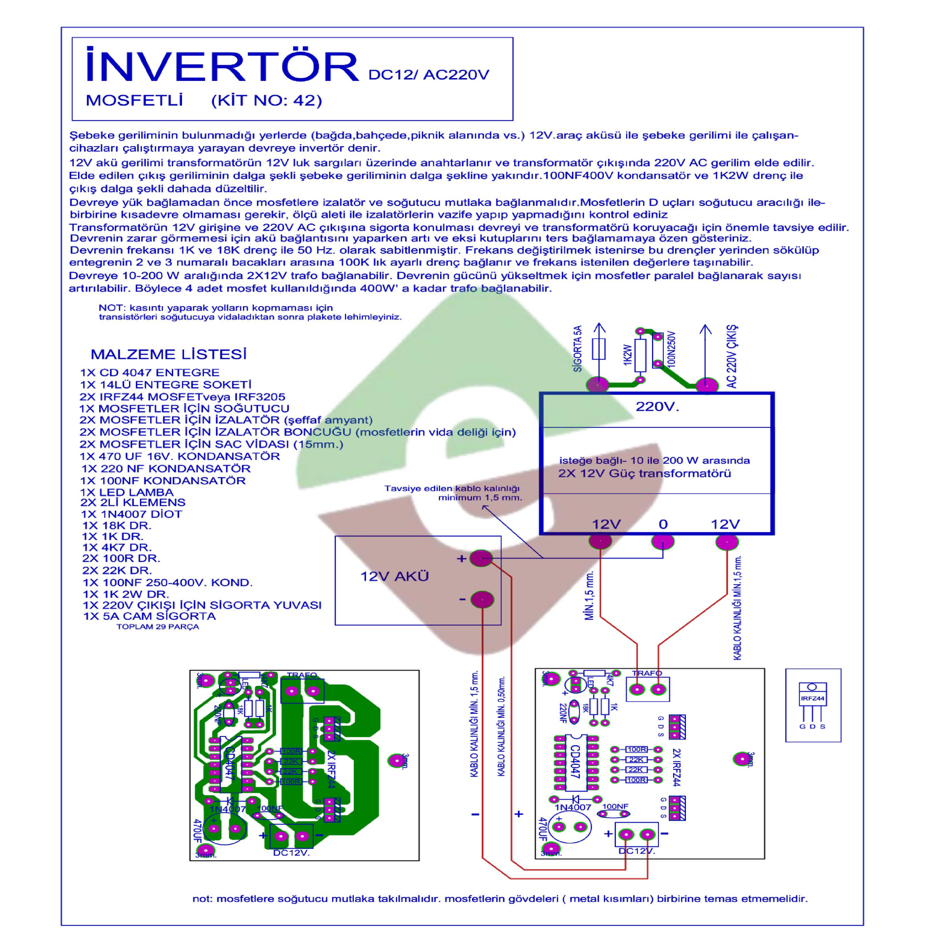 İnvertör 12V DC/AC 220V Demonte Kit Kendin Yap (NO:42)