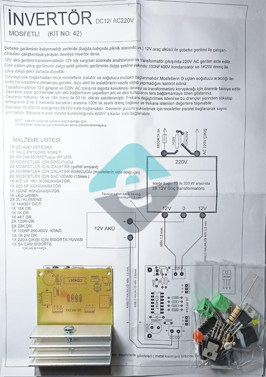 İnvertör Devresi12/220V Geri Beslemeli Frekans Ve Voltaj Ayarlı Demonte Kit Kendin Yap