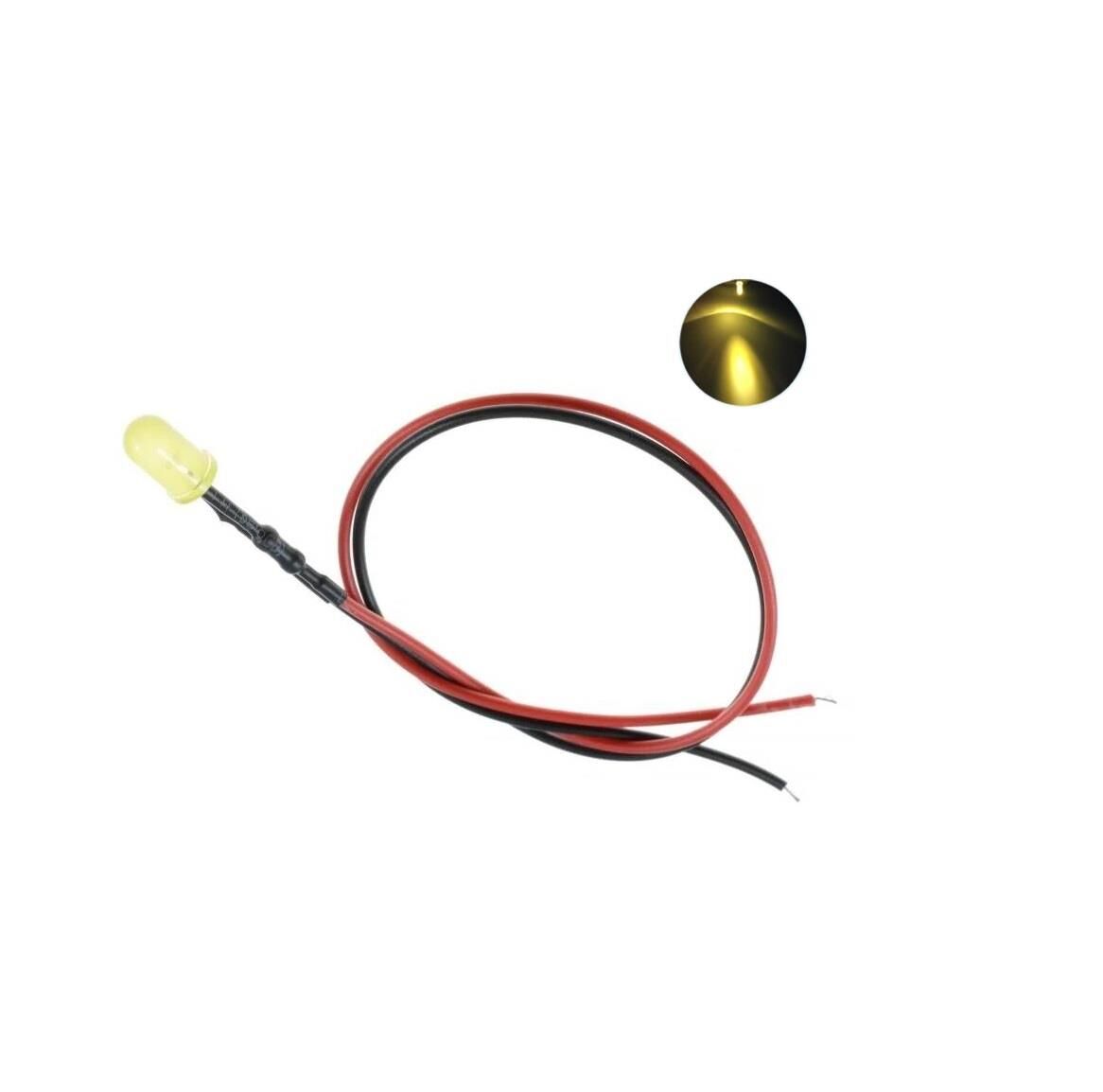 12V LED Kablolu 5 Adet 5mm Sarı  Difused - 20 Cm