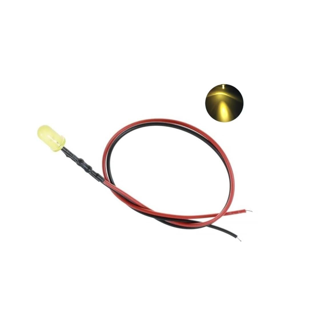 12V LED Kablolu 5 Adet 5mm Sarı  Difused - 20 Cm