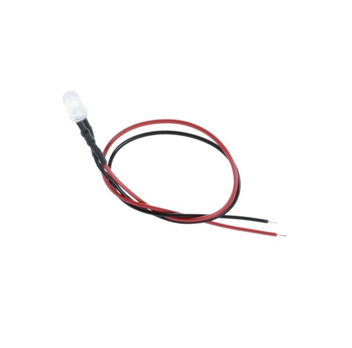 12V LED Kablolu 5 Adet 5mm Beyaz Şeffaf - 20 Cm