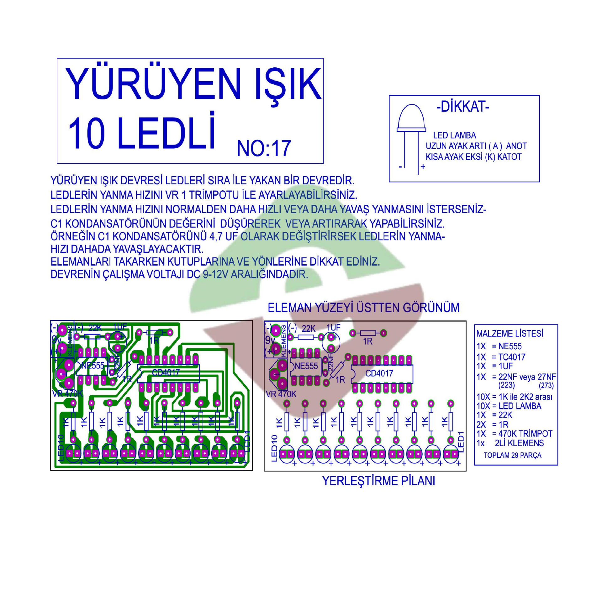 Yürüyen Işık Devresi 10 Ledli Demonte Kit Kendin Yap (NO:17)