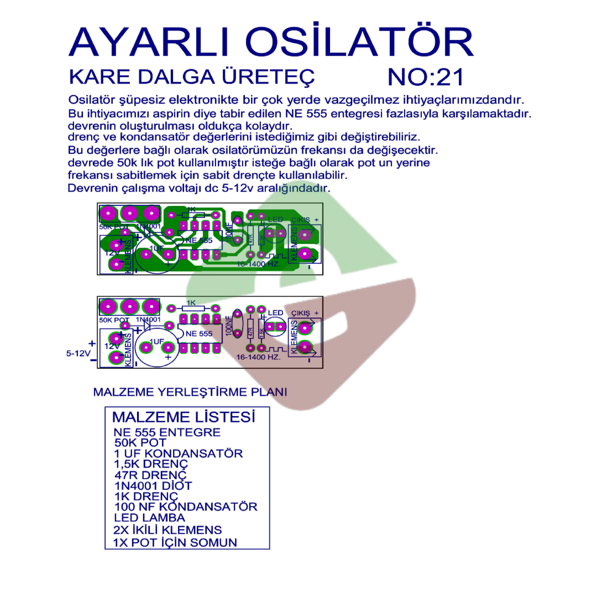 Ayarlı Osilatör Kare Dalga Üreteç Demonte Kit Kendin Yap (NO:21)