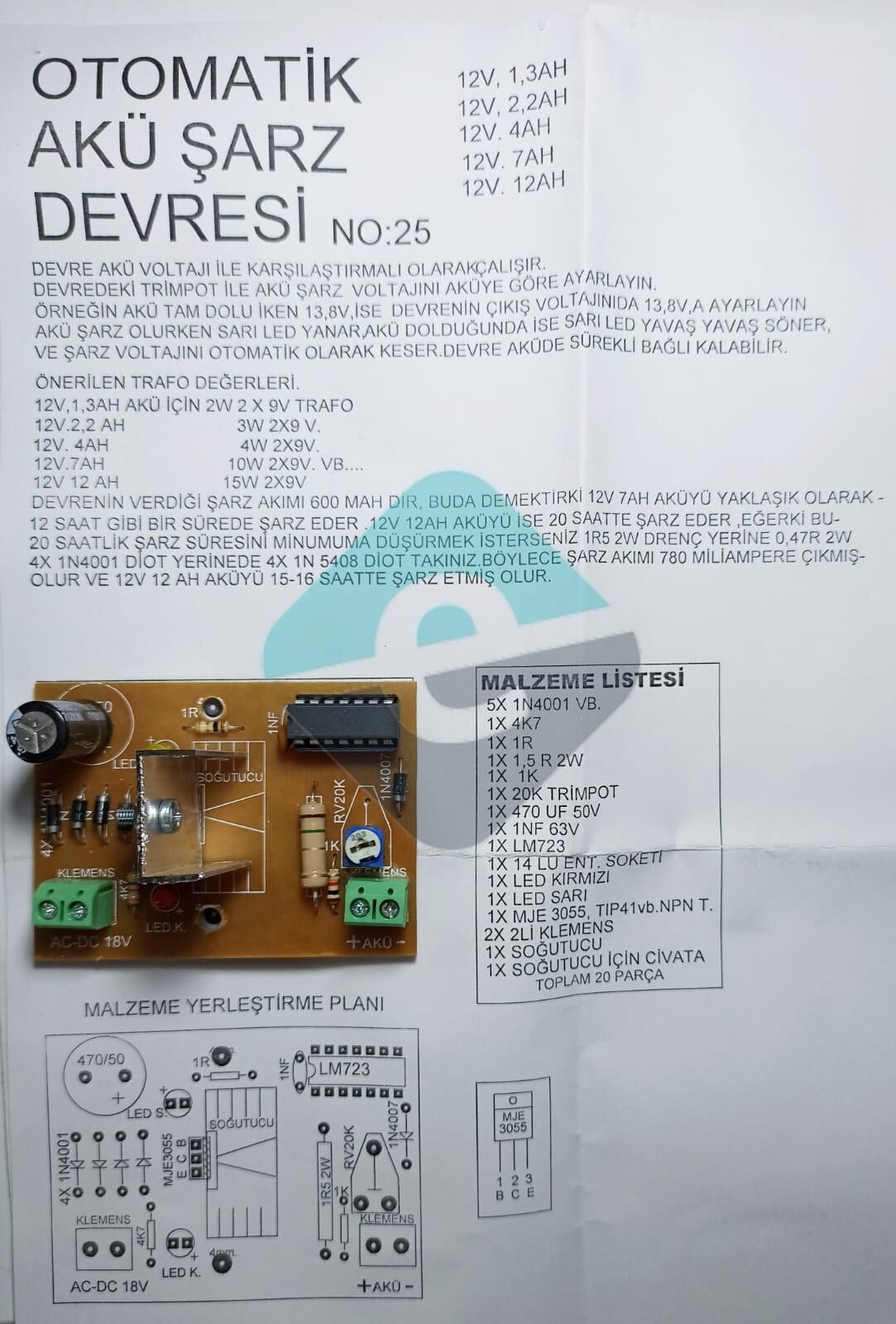 Otomatik Akü Şarj Devresi Montajlı Kuru Aküler İçin