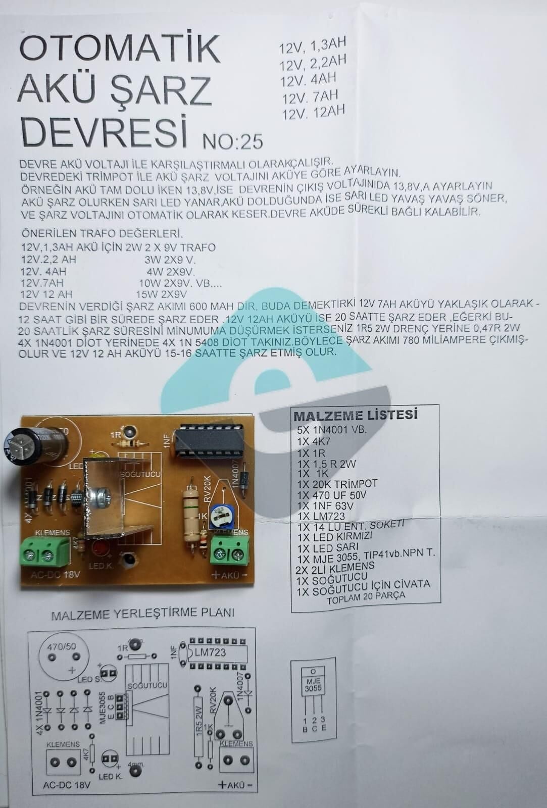 Otomatik Akü Şarj Devresi Montajlı Kuru Aküler İçin