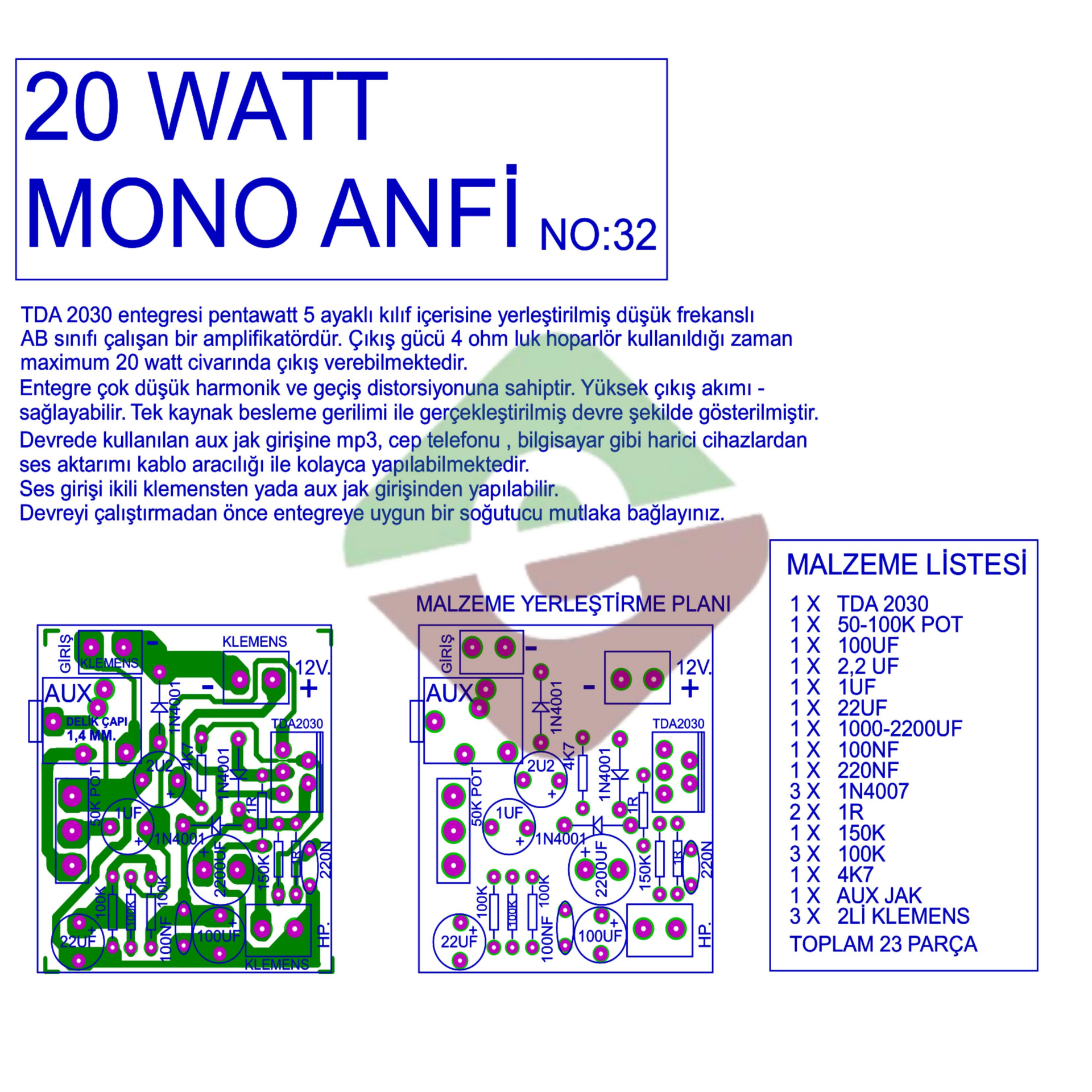 TDA2030 20W Mono Anfi AUX Çıkışlı Demonte Kit Kendin Yap (NO:32)