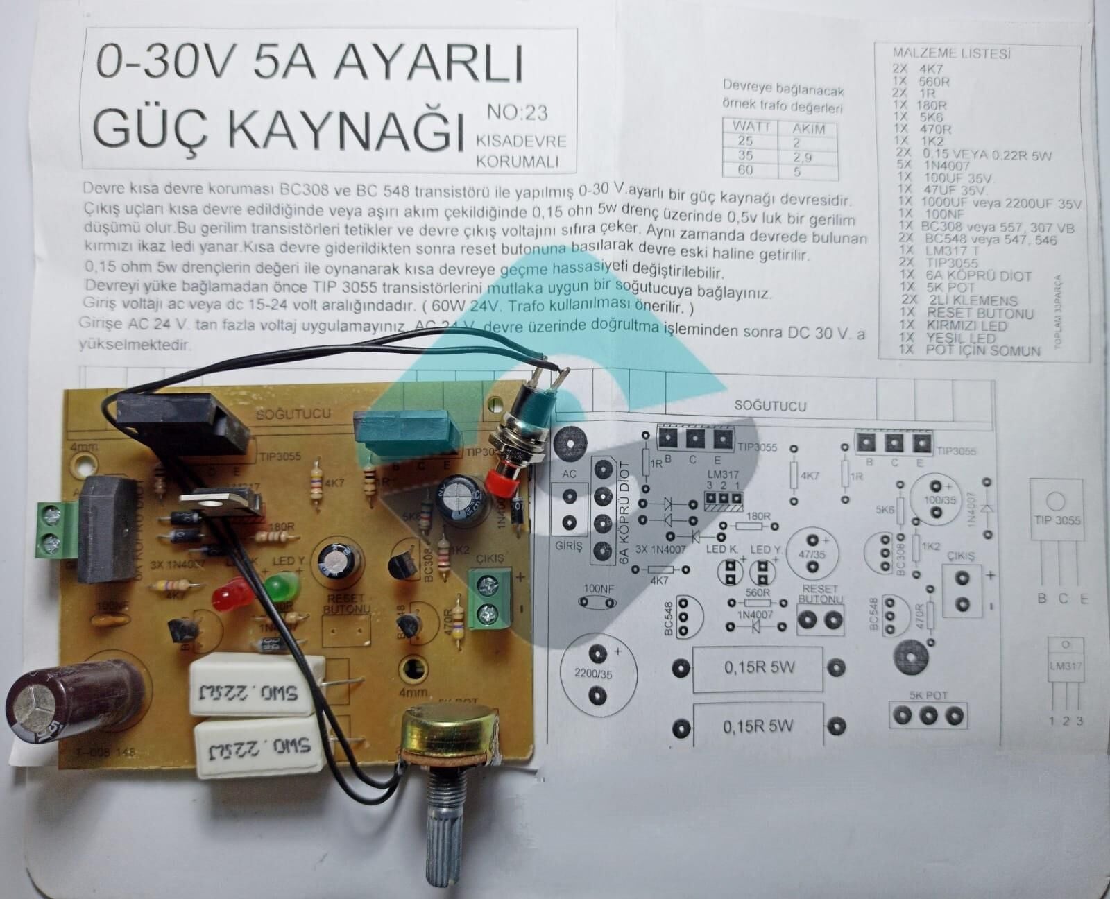 0-30V 5A Ayarlı Güç Kaynağı Kısa Devre Korumalı Montajlı